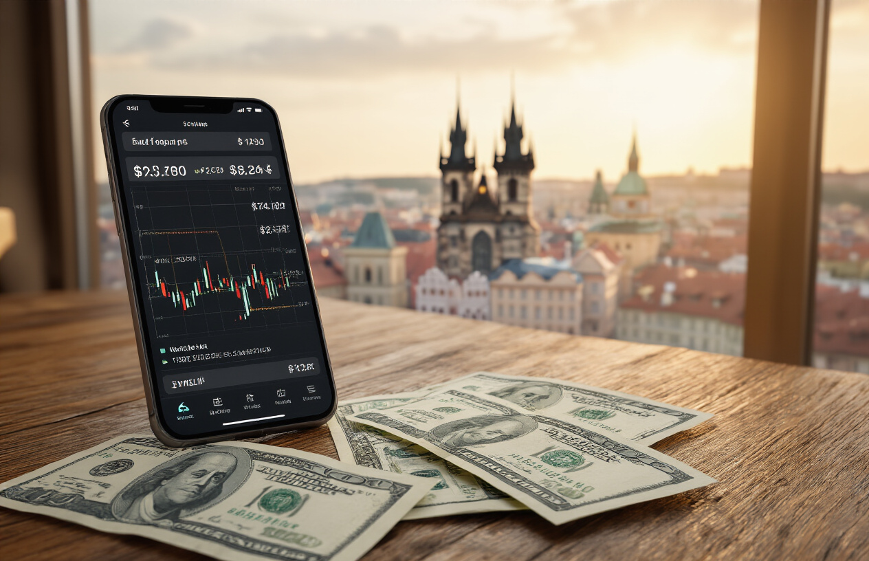 realistic image of a smartphone displaying a currency exchange rate chart for Czech Koruna alongside euro and dollar bills spread on a wooden table, with a blurred background of Prague's iconic architecture visible through a window, warm natural lighting illuminating the scene, creating an informative and travel-savvy mood, Absolutely NO text should be in the scene.