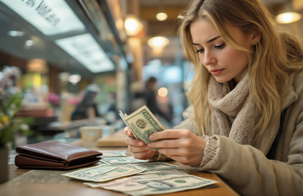realistic image of a close-up scene of a white female tourist carefully counting Czech koruna banknotes at a currency exchange counter in Prague, with a cautious and attentive expression on her face, a secure wallet and passport visible nearby, the background softly showing the interior of a legitimate exchange office with a clean and professional atmosphere, warm indoor lighting highlighting the cash transaction in focus, conveying a sense of vigilance and awareness. Absolutely NO text should be in the scene.