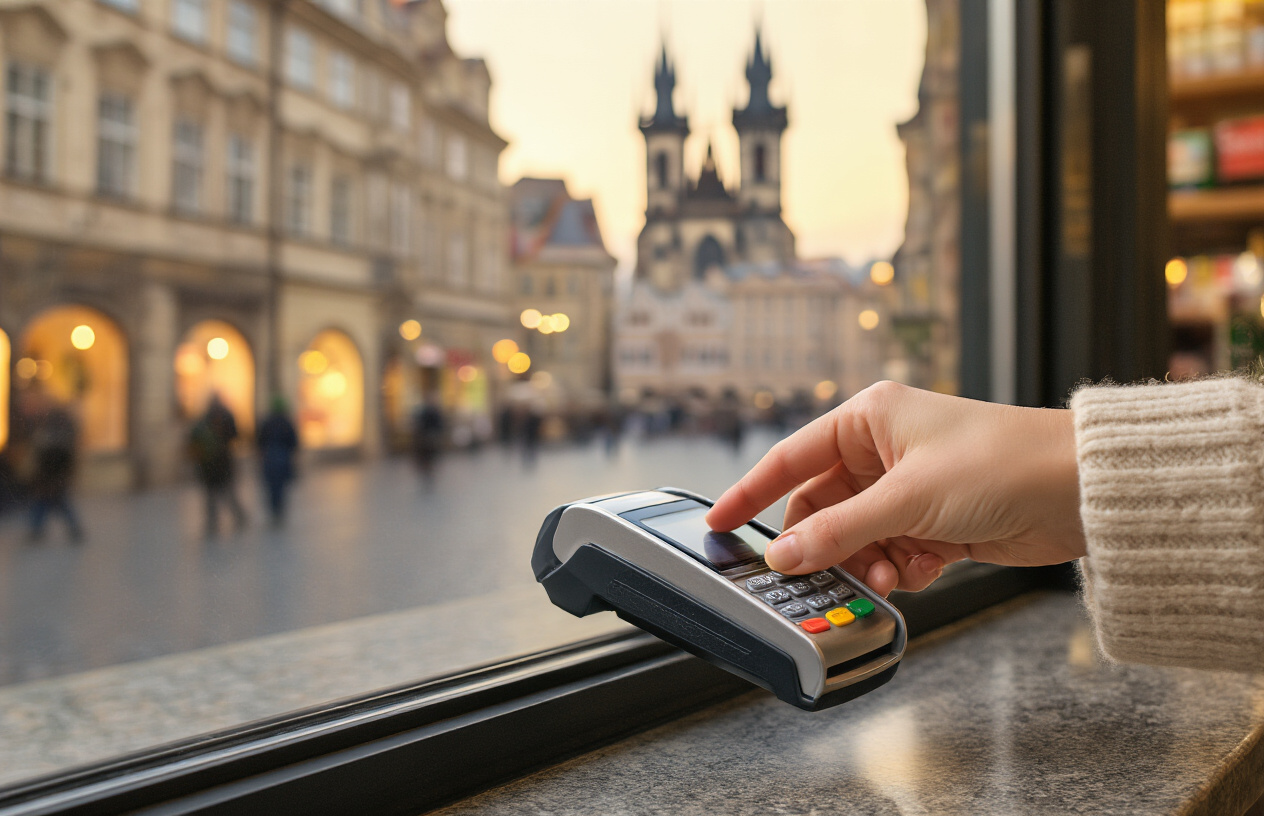 realistic image of a contactless payment being made at a Prague shop counter, with a white female hand tapping a credit card on a modern card reader terminal, a blurred Prague old town street visible through a large window in the background, warm indoor lighting, with the scene conveying convenience and security, Absolutely NO text should be in the scene.
