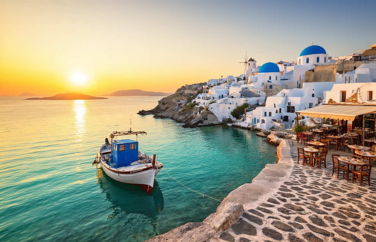 realistic image of a stunning yet affordable Greek island scene featuring a whitewashed village with blue-domed churches overlooking a calm turquoise Aegean Sea, with a small wooden fishing boat docked at a quiet harbor in the foreground, a rustic taverna with outdoor seating and simple mezze dishes visible nearby, warm golden sunset light casting a soft glow over the entire scene, evoking a sense of peaceful discovery and budget-friendly Mediterranean travel, Absolutely NO text should be in the scene.