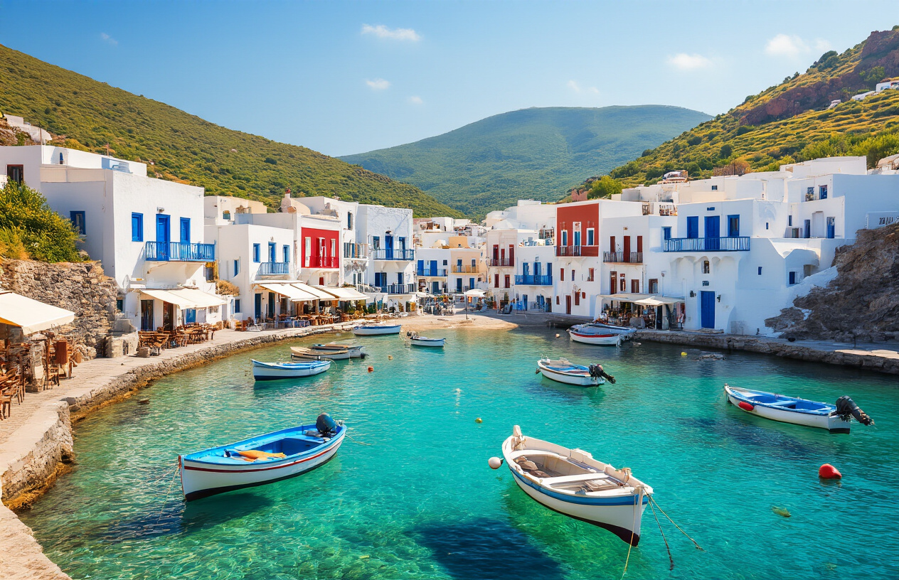 realistic image of a stunning Greek island harbor scene featuring charming whitewashed buildings with colorful blue and terracotta doors, small fishing boats bobbing gently in crystal-clear turquoise water, and a few local tavernas with outdoor seating along the waterfront, set against a backdrop of rolling green hills under a warm golden Mediterranean sunlight, conveying an authentic, peaceful, and affordable alternative travel vibe distinct from the heavily touristed iconic cliffs of Santorini, with an overall mood of discovery and budget-friendly adventure. Absolutely NO text should be in the scene.