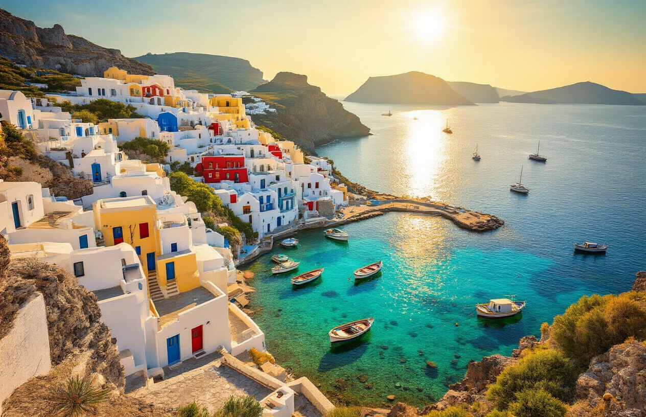 realistic image of a stunning collage-style panoramic view showcasing multiple affordable Greek islands, featuring whitewashed buildings with colorful blue, red, and yellow doors cascading down hillsides, crystal-clear turquoise waters, and traditional fishing boats docked in small harbors, bathed in warm golden Mediterranean sunlight, with lush green landscapes and rocky cliffs in the background, capturing a serene and inviting vacation atmosphere that feels authentic and budget-friendly rather than overly luxurious. Absolutely NO text should be in the scene.