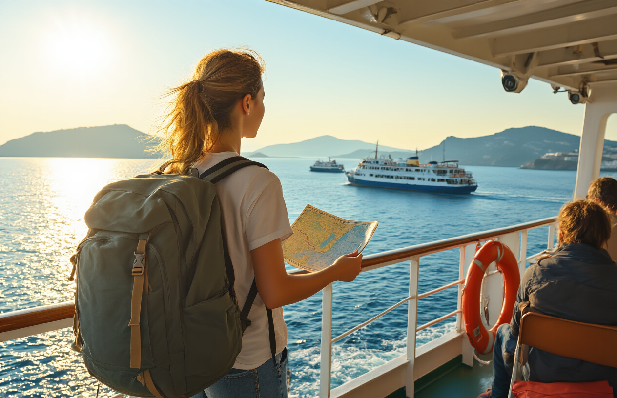 realistic image of a budget-conscious traveler, a white female, standing on a ferry deck with a large backpack, looking out at the sparkling blue Aegean Sea with multiple Greek islands visible in the distance, the sun casting a warm golden light over the water, a worn map and ferry ticket in her hand, the ferry deck showing other passengers and life vests in the background, conveying a sense of adventure and affordable island hopping, bright natural daylight, clear skies, cheerful and adventurous mood. Absolutely NO text should be in the scene.