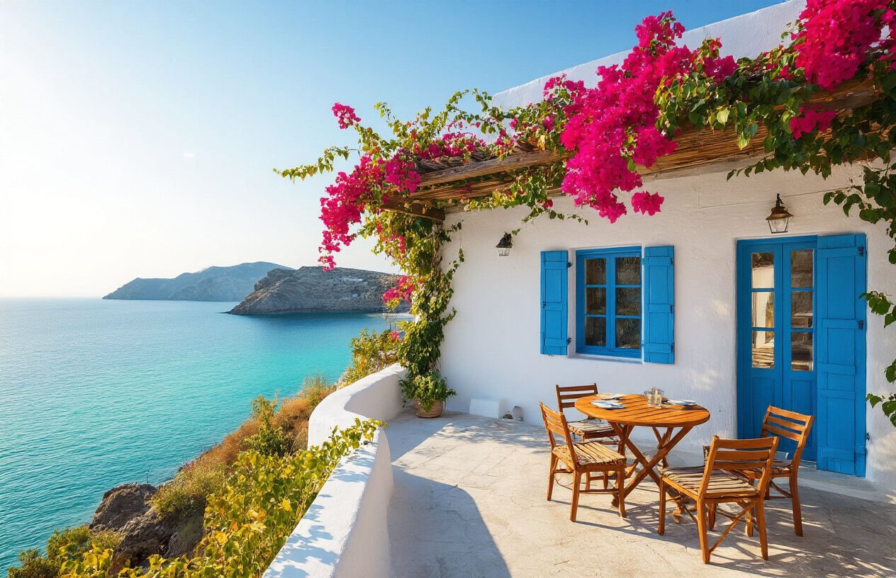 realistic image of a charming, budget-friendly guesthouse on a lesser-known Greek island, featuring a small whitewashed building with blue shutters and a modest terrace overlooking the calm turquoise Aegean Sea, with colorful bougainvillea climbing the walls, simple outdoor seating with a wooden table, warm golden afternoon sunlight casting a Mediterranean glow over the scene, conveying a sense of affordable comfort and relaxed island living, Absolutely NO text should be in the scene.