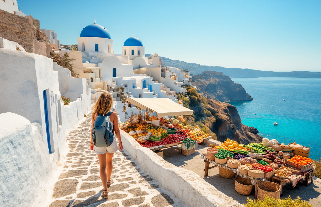 realistic image of a sun-drenched Greek island scene featuring a white-washed coastal village with blue-domed churches and narrow stone pathways, where a white female traveler with a backpack explores on foot along a scenic cliffside trail overlooking the turquoise Aegean Sea, with a local open-air market stall displaying fresh produce and handmade crafts visible nearby, bathed in warm golden Mediterranean sunlight, conveying a sense of adventure, freedom, and budget-friendly exploration. Absolutely NO text should be in the scene.