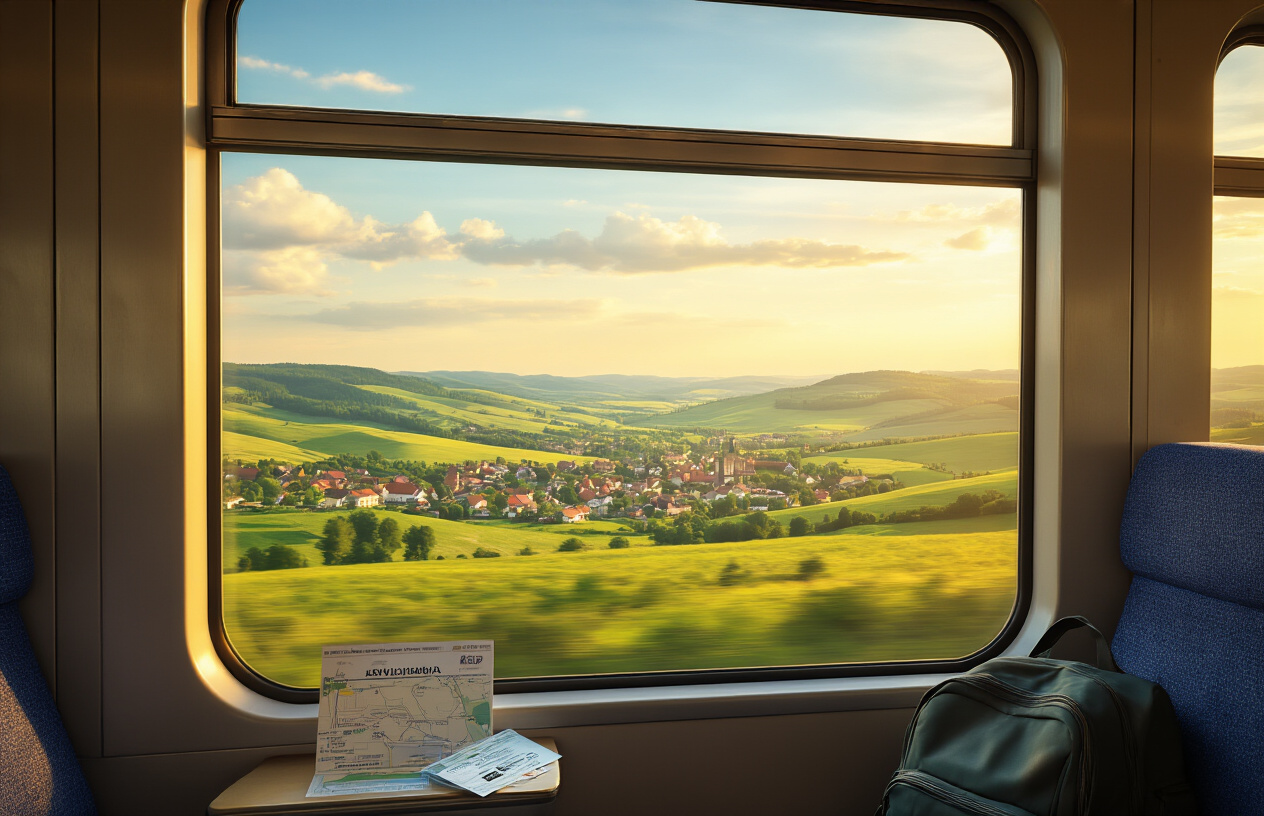 realistic image of a scenic view from inside a modern Polish train, showing a large window with a beautiful Polish countryside landscape passing by, featuring green rolling hills, small towns, and a clear blue sky, with a travel map and a train ticket resting on the seat beside a backpack, warm and inviting golden hour lighting filtering through the window, creating a sense of adventure and successful journey completion, cozy and optimistic mood. Absolutely NO text should be in the scene.