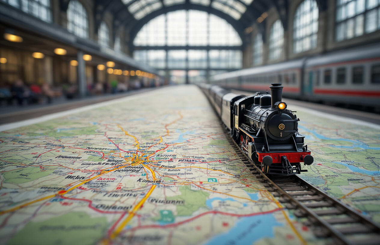 realistic image of a detailed map of Poland's railway network spread out on a flat surface, showing interconnected train routes across major cities, with a miniature model train placed on top of the map, set against a softly blurred background of a modern Polish train station interior with large glass windows allowing natural daylight to illuminate the scene, creating an informative and inviting atmosphere. Absolutely NO text should be in the scene.