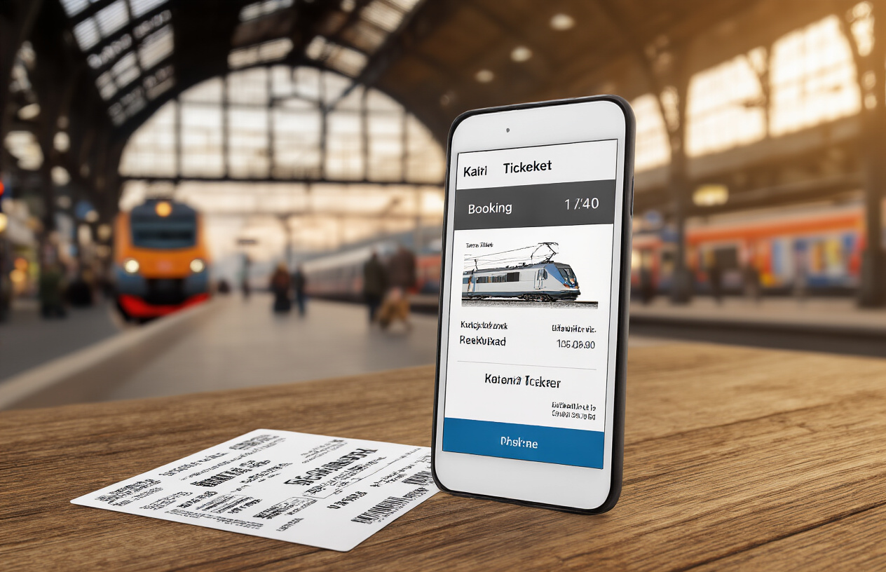 realistic image of a close-up view of a smartphone displaying a train ticket booking app with a Polish train route selected, placed next to a physical train ticket on a wooden surface, with a blurred background of a busy Polish train station, warm and practical lighting highlighting the tickets and phone screen, conveying a smart and organized travel planning mood. Absolutely NO text should be in the scene.