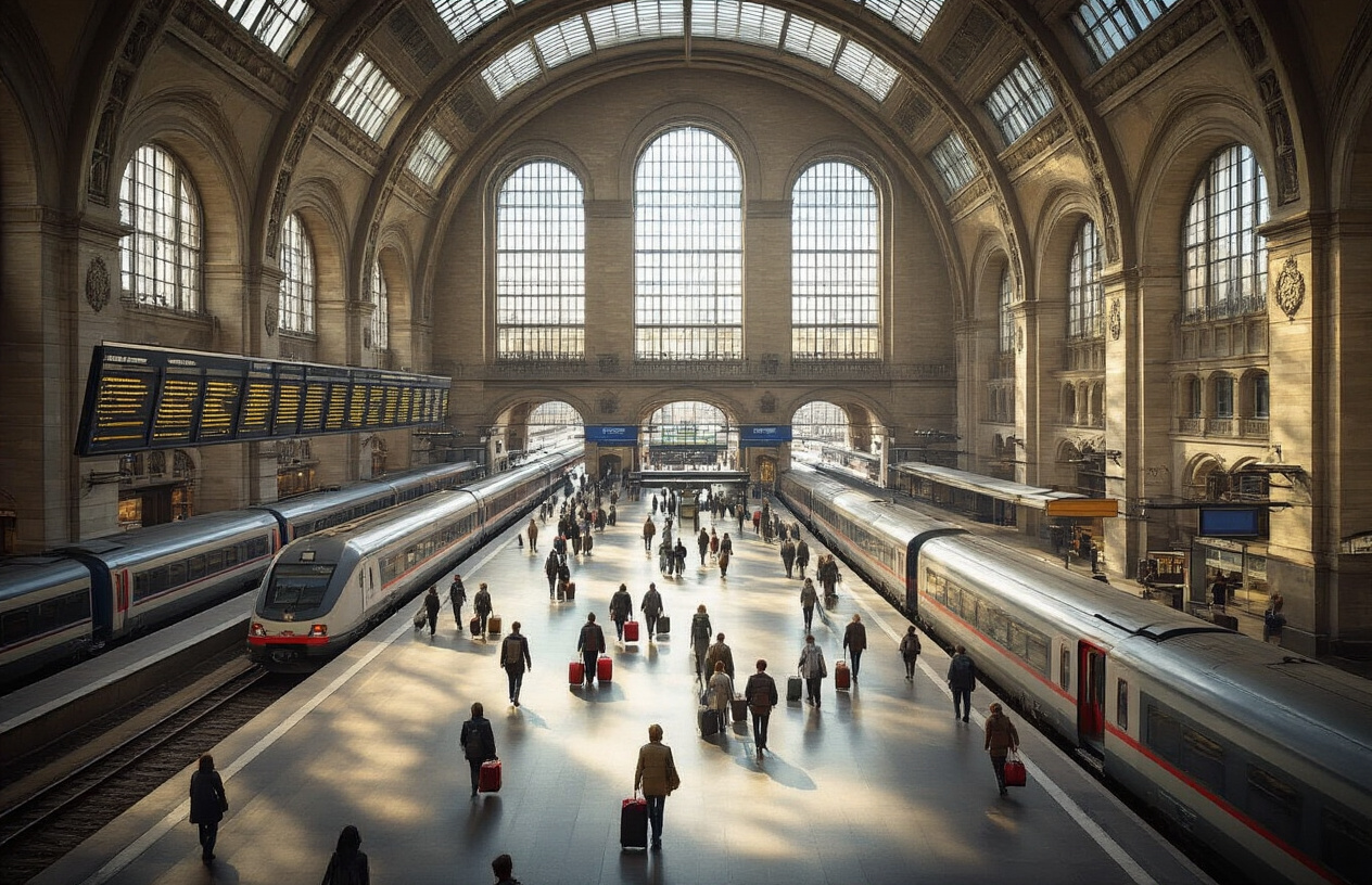 realistic image of the grand interior of a major Polish train station, featuring high vaulted ceilings, large departure and arrival boards, multiple train platforms visible in the background, and a busy concourse with travelers pulling luggage, the scene bathed in natural light streaming through large windows, conveying a sense of movement and organized activity in a modern yet historic European railway hub. Absolutely NO text should be in the scene.