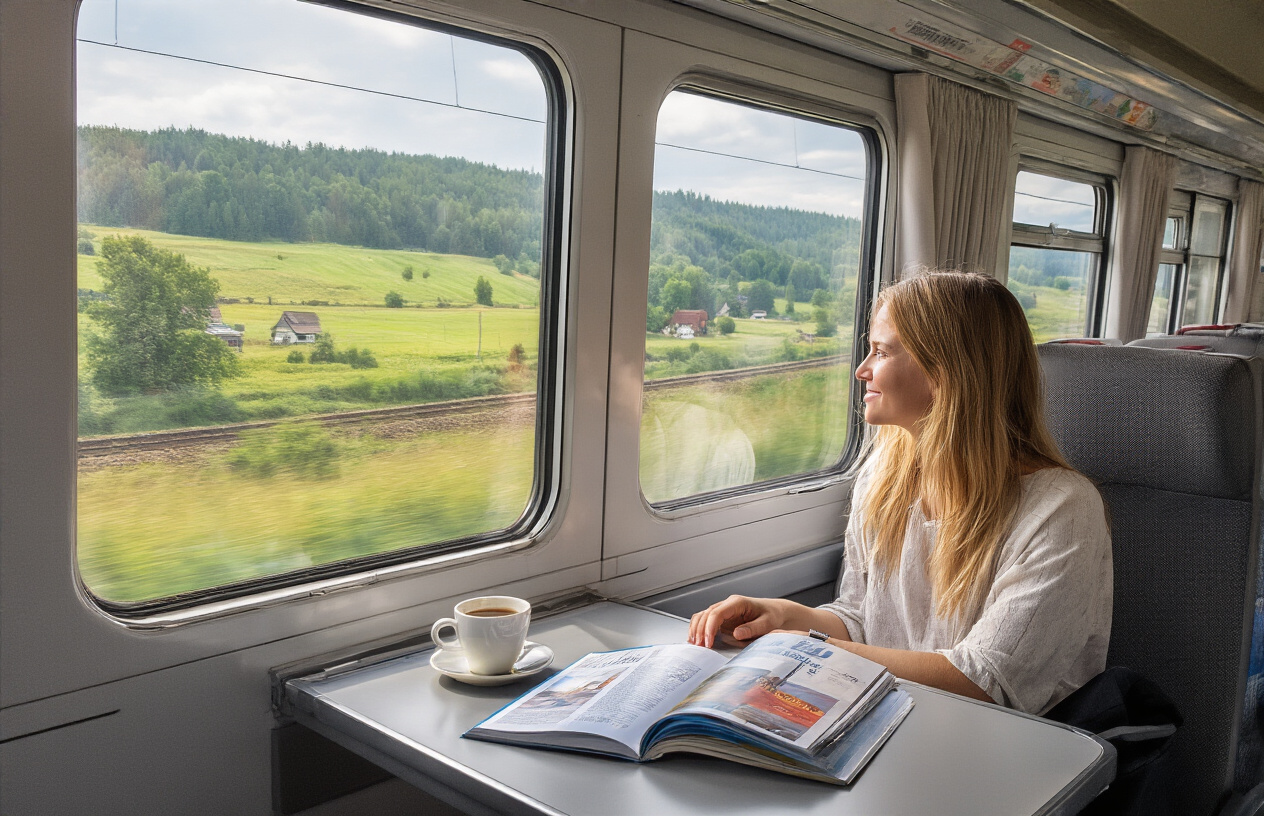 realistic image of a white female traveler sitting comfortably by a large window seat inside a modern Polish intercity train, looking out at the scenic Polish countryside passing by, with a open travel guidebook and a cup of coffee on the fold-out tray table in front of her, soft natural daylight streaming through the window, capturing a relaxed and enjoyable travel atmosphere, Absolutely NO text should be in the scene.