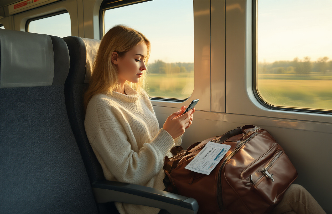 realistic image of a white female traveler sitting comfortably in a modern Polish train seat, reviewing a train schedule on her smartphone while a well-organized travel bag and a valid train ticket rest on the seat beside her, with large train windows in the background showing the Polish countryside passing by, warm and natural lighting inside the train cabin creating a calm and confident travel mood, Absolutely NO text should be in the scene.