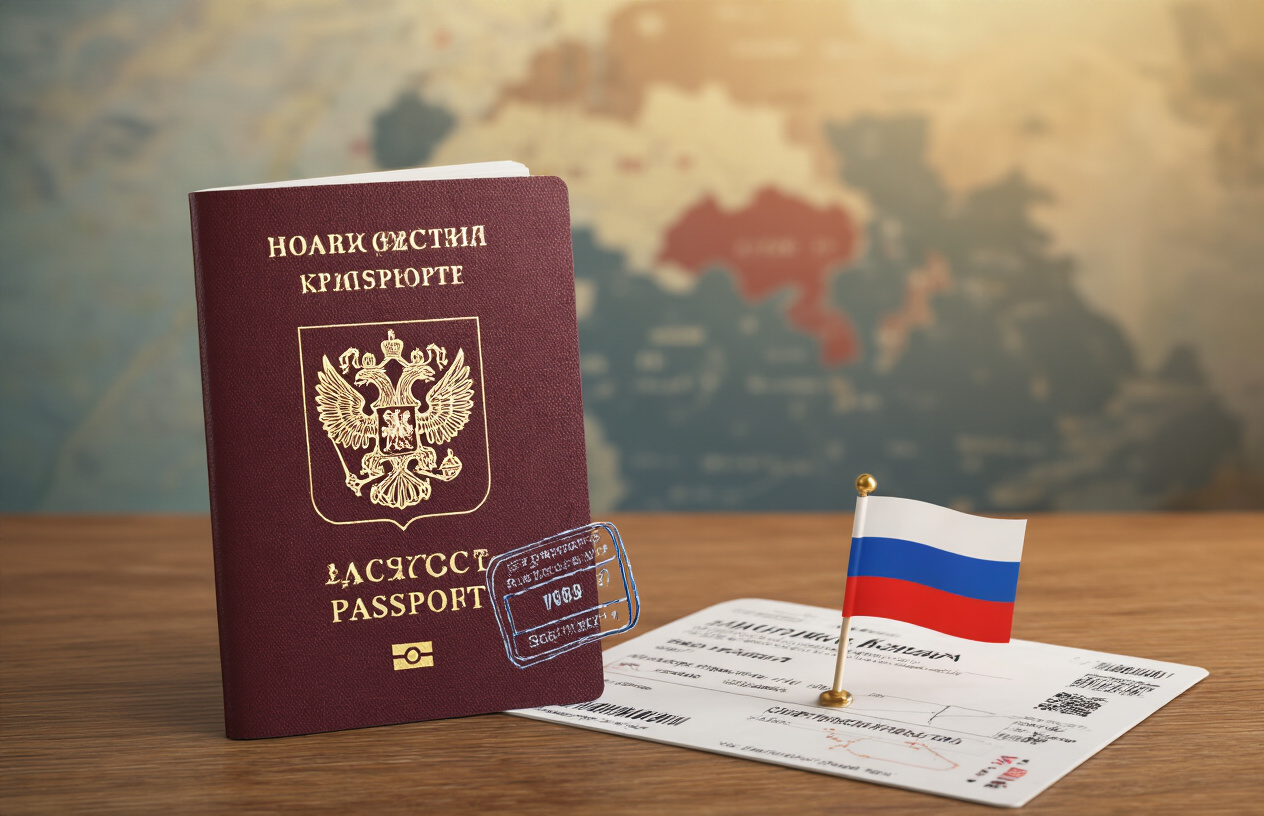 realistic image of a passport with a Russian visa stamp resting on a wooden desk beside a boarding pass and a small Russian flag, with a blurred map of Russia in the background, warm and inviting lighting creating an optimistic and accomplished mood, suggesting a successfully completed visa application process and readiness for travel. Absolutely NO text should be in the scene.