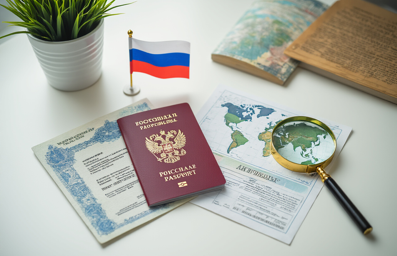 realistic image of a neatly arranged flat lay on a clean white desk featuring multiple Russian visa documents and a Russian passport spread out, alongside a small Russian flag, a world map, and a magnifying glass placed over the documents, with soft natural lighting creating a professional and organized atmosphere, suggesting careful research and decision-making. Absolutely NO text should be in the scene.