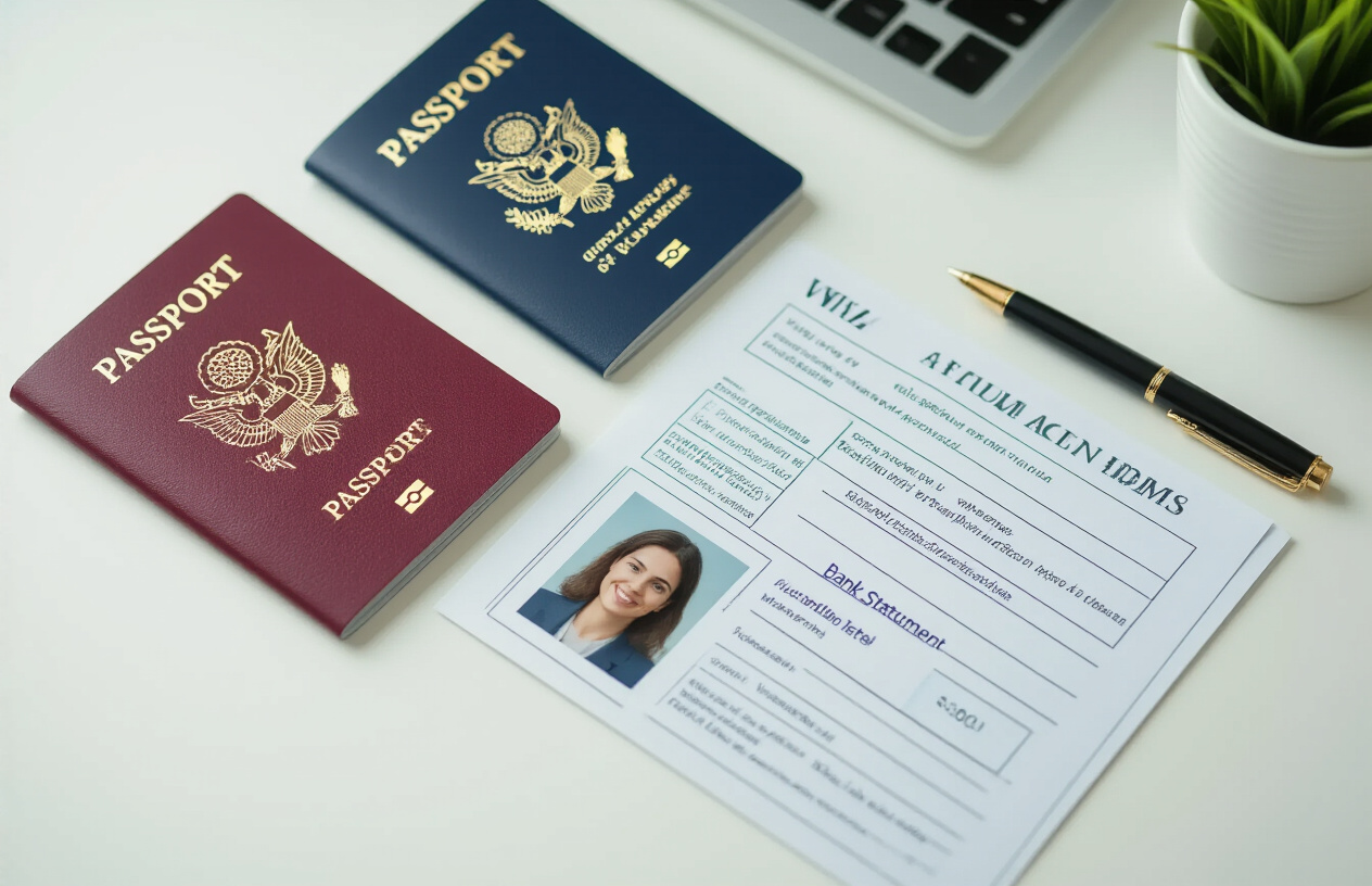 realistic image of a neatly organized desk with essential travel documents spread out, including a passport, visa application forms, passport-sized photos, bank statements, and an invitation letter, arranged in an orderly manner on a clean white surface, with a pen placed beside them, soft natural lighting illuminating the scene, creating a focused and professional mood that conveys preparation and organization. Absolutely NO text should be in the scene.