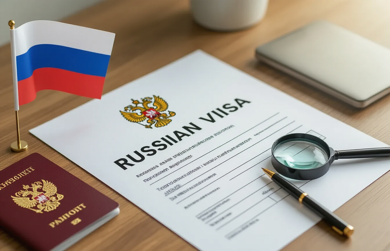 realistic image of a neatly organized desk with a Russian visa application form, a passport, and a pen placed on top, alongside a small Russian flag and a magnifying glass symbolizing clarity and guidance, set in a well-lit home office environment with soft natural lighting creating a focused and stress-free atmosphere, conveying ease and confidence in navigating the visa process. Absolutely NO text should be in the scene.