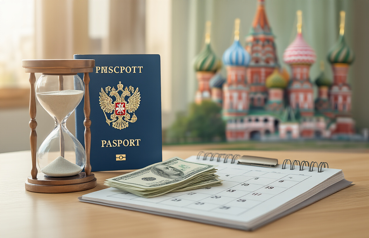 realistic image of a neatly organized desk with a Russian passport, a small pile of Euro and dollar banknotes, an hourglass representing processing time, and a calendar with some dates marked, all arranged together on a clean wooden surface, with soft natural lighting creating a professional and informative mood, suggesting the process of visa fee calculation and approval timelines, with a subtle Russian architectural landmark like Saint Basil's Cathedral visible as a blurred background element. Absolutely NO text should be in the scene.