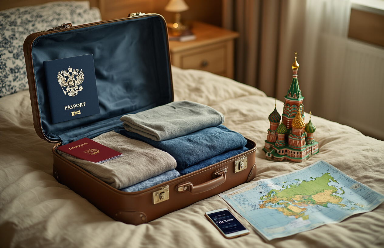 realistic image of an open suitcase being packed with travel essentials, including folded clothes, a passport with a visa stamp, travel documents, and a small Russian landmark souvenir, placed on a bed, with a map of Russia and a smartphone showing flight details nearby, warm and organized room lighting creating an excited pre-travel mood, Absolutely NO text should be in the scene.