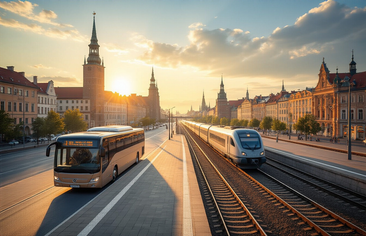 realistic image of a scenic Baltic travel scene featuring a modern intercity bus and a sleek passenger train side by side at a sunlit transportation hub, with the charming old town architecture of a Baltic city visible in the background, warm golden hour lighting casting a welcoming glow over the scene, a sense of journey completion and smart travel choice in the air, open road and railway tracks stretching into the horizon symbolizing successful travel planning, vibrant yet calm atmosphere with clear skies overhead, Absolutely NO text should be in the scene.