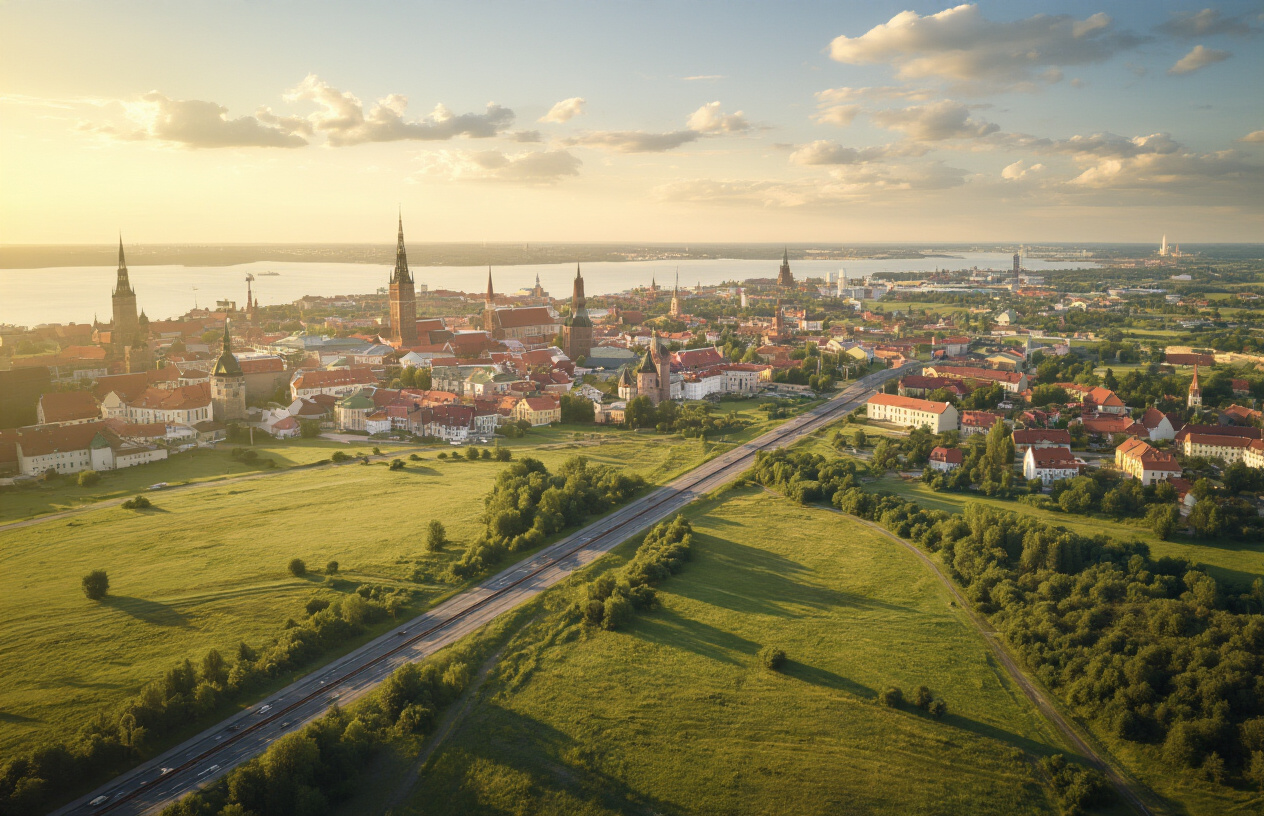 realistic image of a wide aerial view of the Baltic region landscape featuring the distinct skylines of Tallinn, Riga, and Vilnius visible in the distance connected by visible road and rail networks cutting through lush green countryside, with a detailed map-like perspective showing the three countries blending into each other, warm golden daylight illuminating the scene, conveying a sense of travel and exploration across the region. Absolutely NO text should be in the scene.