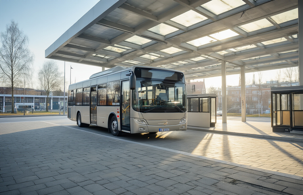 realistic image of a modern intercity bus parked at a Baltic bus terminal station, with a clean and spacious bus featuring large windows and a sleek exterior, set against a backdrop of a typical Estonian, Latvian, or Lithuanian bus station with a simple architectural style, the scene bathed in soft natural daylight, conveying a sense of affordable and accessible travel across the Baltic region, with luggage compartments open and a welcoming atmosphere suggesting a journey about to begin. Absolutely NO text should be in the scene.