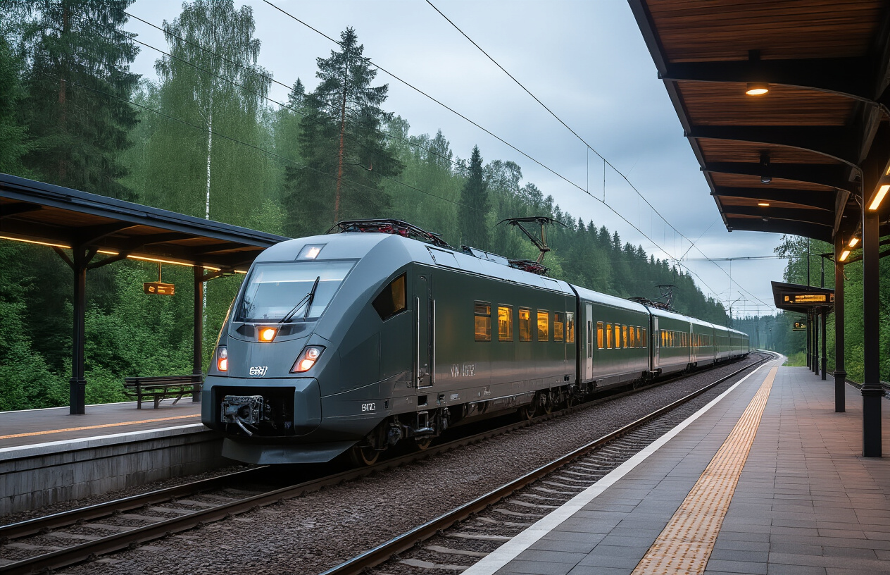 realistic image of a modern Baltic train stationed at a scenic railway platform, with the train's sleek exterior visible against a backdrop of lush green forests and overcast northern European skies, the platform featuring clean architecture typical of Estonian, Latvian, or Lithuanian train stations, warm interior lights glowing softly through the train windows, conveying a sense of calm and adventure, with an empty platform that highlights the train as the central subject, captured in natural daylight with a slightly moody atmospheric tone. Absolutely NO text should be in the scene.