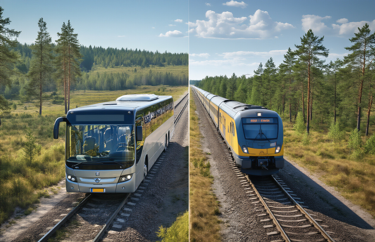 realistic image of a split-scene comparison showing a modern intercity bus on the left and a passenger train on the right, both traveling through a scenic Baltic landscape with dense pine forests and flat terrain under a clear sky, the two vehicles facing the same direction on parallel routes, with balanced natural daylight illuminating both sides equally, creating a clean and informative visual contrast between the two modes of transportation, the overall mood is practical and travel-focused. Absolutely NO text should be in the scene.