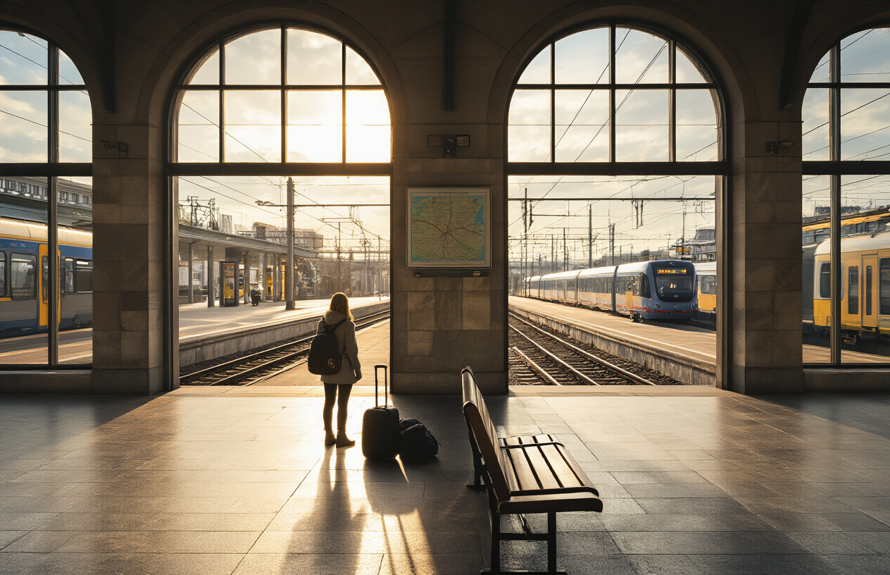 realistic image of a traveler standing at a crossroads decision point inside a Baltic train station, with a bus visible through large windows on one side and train tracks on the other, the scene showing a map or travel itinerary spread open on a bench nearby, warm natural light streaming through the station windows, conveying a thoughtful and contemplative mood of decision-making, with luggage placed nearby suggesting an upcoming journey, the overall atmosphere being clean, modern, and travel-ready. Absolutely NO text should be in the scene.