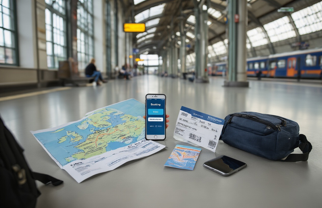 realistic image of a traveler's organized essentials laid out on a clean surface, including a smartphone displaying a booking app, a printed train or bus ticket, a travel map of the Baltic region, and a small backpack nearby, set in a bright and modern Baltic train station waiting area with large windows letting in natural daylight, conveying a sense of preparedness and calm travel planning, Absolutely NO text should be in the scene.