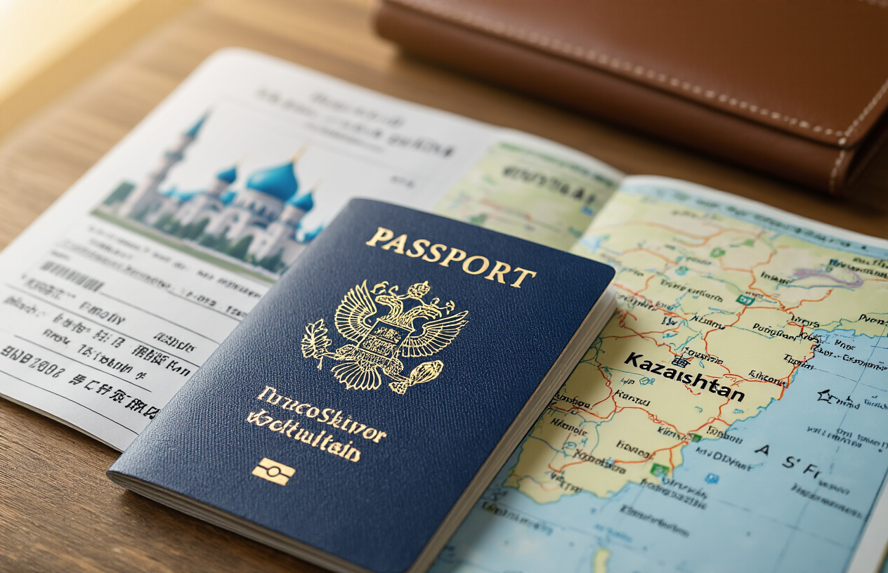 realistic image of a traveler's essentials neatly arranged on a flat surface, including a passport open to a visa stamp page, a plane ticket, and a small map highlighting Kazakhstan, with the iconic blue-domed Nur-Sultan skyline softly visible in the blurred background, warm and optimistic lighting creating an inviting and hopeful mood, suggesting a successful visa approval and an upcoming journey to Kazakhstan. Absolutely NO text should be in the scene.
