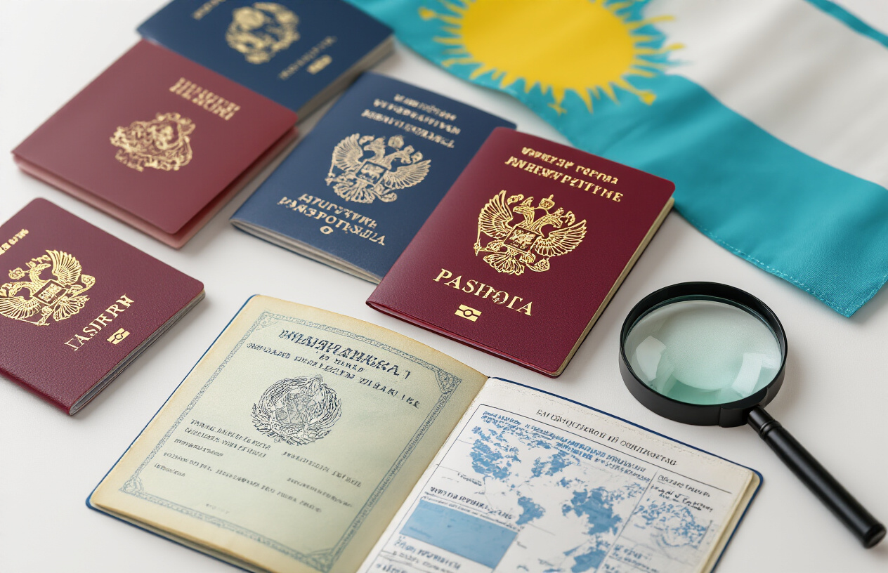realistic image of a neatly arranged flat lay display of different types of passports and visa documents spread out on a clean white surface, with a Kazakhstan flag subtly visible in the background, alongside a world map, and a magnifying glass resting on one of the open passport pages, soft and even lighting to create a professional and informative mood, Absolutely NO text should be in the scene.
