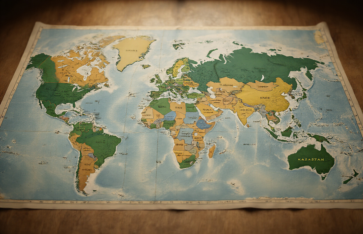 realistic image of a world map spread out on a flat surface, with multiple countries highlighted or marked in a distinct color (such as green) to indicate visa-free access, with Kazakhstan prominently displayed at the center of the map in a different contrasting color, set against a clean, well-lit professional workspace background with a warm and informative mood, no people present, soft natural lighting illuminating the map details clearly. Absolutely NO text should be in the scene.