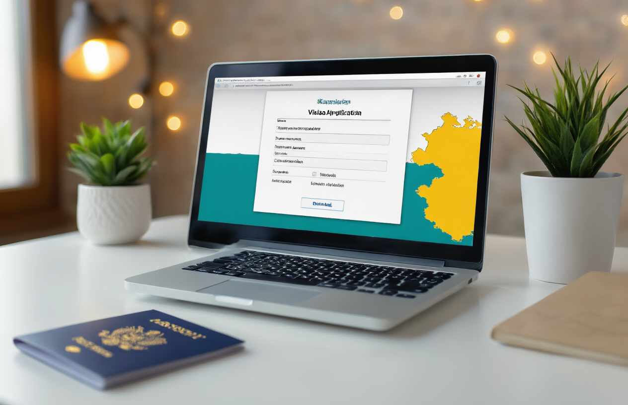 realistic image of a laptop screen displaying a clean, modern visa application form interface with a Kazakhstan flag or map subtly visible in the background, placed on a neat desk with a passport nearby, warm and inviting lighting to convey ease and accessibility, suggesting a straightforward online application process. Absolutely NO text should be in the scene.