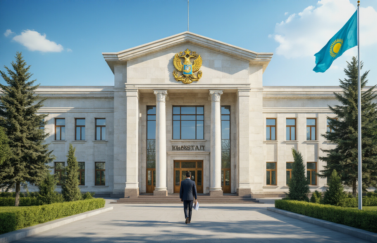 realistic image of a Kazakhstan embassy exterior building with a prominent national emblem above the entrance, featuring a professional and formal atmosphere, with a well-maintained facade, clear blue sky in the background, and a flagpole displaying the light blue Kazakhstan flag with a golden sun and eagle emblem, the scene is bright and welcoming with natural daylight illuminating the building, a white male applicant approaching the embassy entrance holding a folder of documents, conveying a sense of official procedure and international travel. Absolutely NO text should be in the scene.