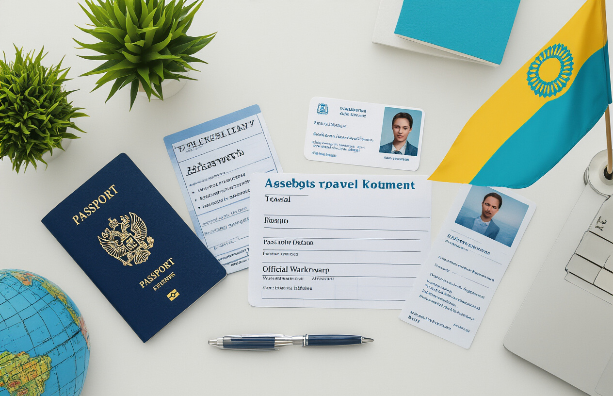realistic image of a neatly organized flat lay arrangement on a clean white desk featuring essential travel documents including a passport, visa application forms, passport-sized photos, and official paperwork, accompanied by a pen and a small Kazakhstan flag, shot from above with bright, natural lighting creating a professional and organized mood. Absolutely NO text should be in the scene.