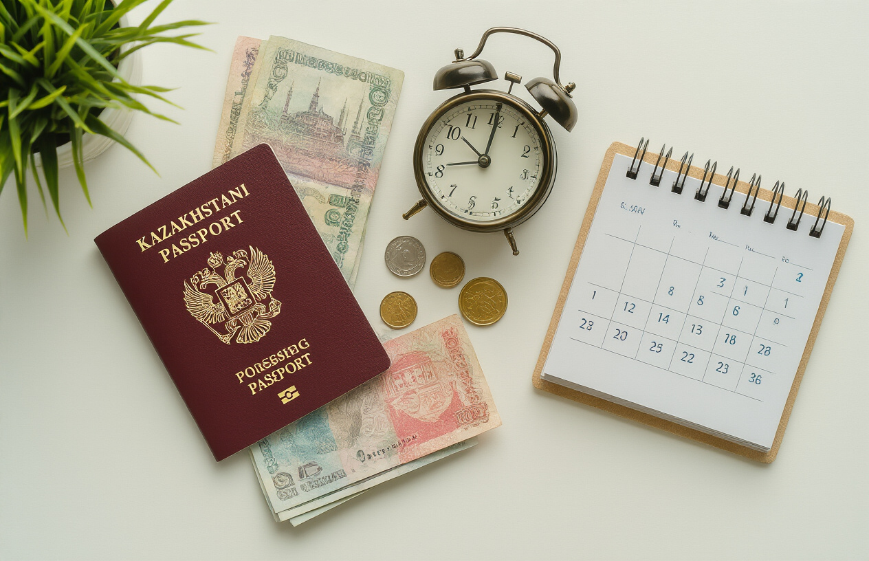 realistic image of a flat lay arrangement on a clean white desk featuring a Kazakhstani passport, a small neat pile of currency notes and coins representing visa fees, an analog clock symbolizing processing time, and a calendar, all arranged neatly together with soft natural lighting creating a professional and organized atmosphere, with a subtle warm tone to convey a sense of travel preparation. Absolutely NO text should be in the scene.