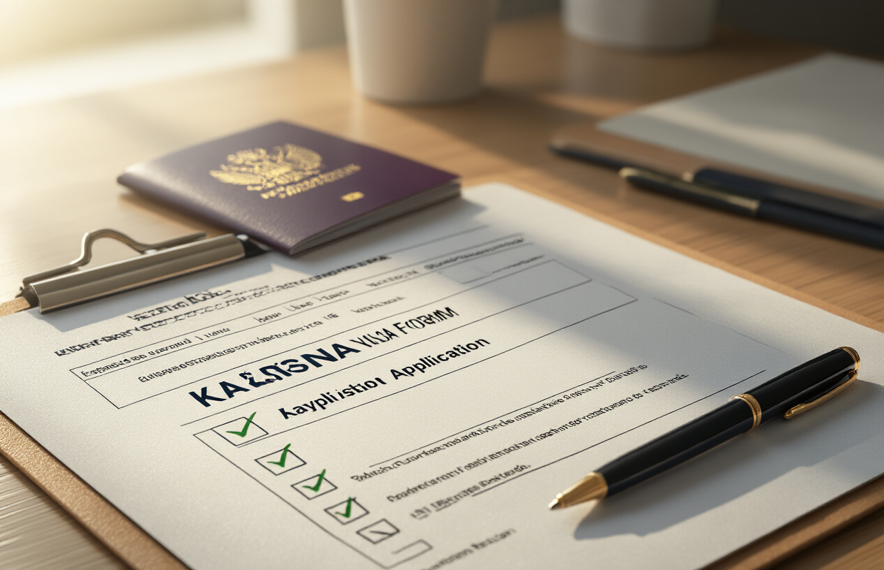 realistic image of a close-up view of a neatly organized desk with a Kazakhstan visa application form, a stamped passport open to a visa page, a checklist on a clipboard with checkmarks, and a pen resting beside it, set against a clean, well-lit office background with soft natural lighting creating a focused and professional mood, suggesting careful preparation and attention to detail. Absolutely NO text should be in the scene.