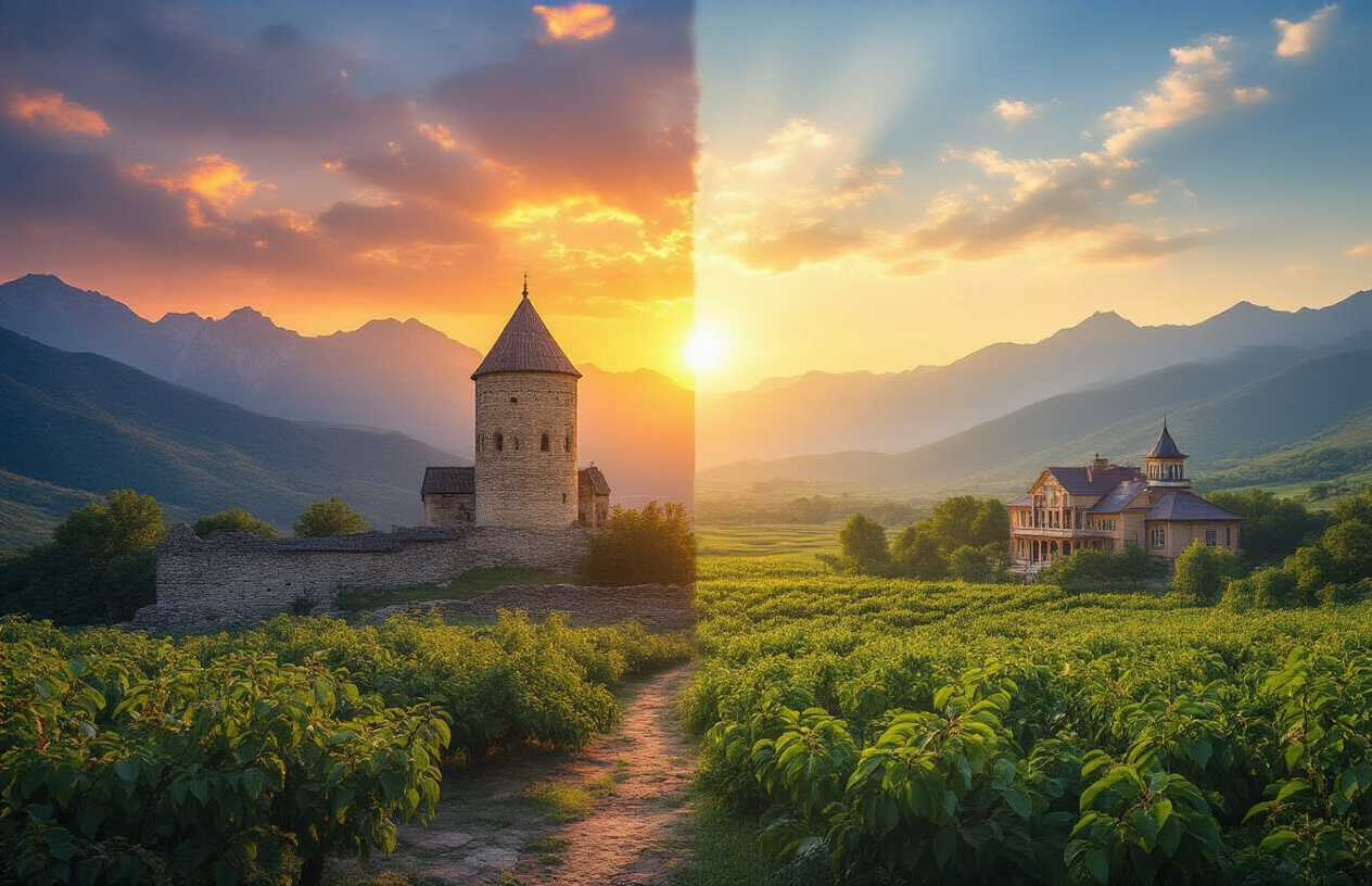 realistic image of a split-scene composition where the left side features the ancient stone towers and rugged Caucasus mountain landscape of Georgia the country under a warm golden sunset, and the right side features the lush green Georgia U.S. state landscape with iconic peach trees and Southern architecture, both sides seamlessly blending at the center with a soft, glowing light that ties them together, creating a sense of discovery and cultural richness, with a mood that feels awe-inspiring and thought-provoking, set against a dramatic sky with warm amber and soft blue tones, Absolutely NO text should be in the scene.