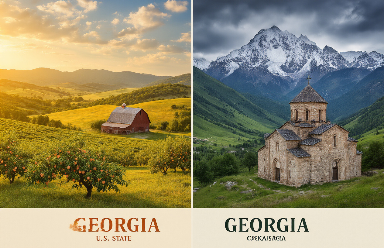 realistic image of a split-scene composition showing two distinct "Georgias" side by side — on the left, the U.S. state of Georgia featuring a warm Southern landscape with peach trees, a rustic barn, and rolling green countryside under golden sunlight; on the right, the country of Georgia in the Caucasus region featuring dramatic snow-capped mountains, an ancient stone church, and lush valleys under a dramatic sky — the two scenes seamlessly divided down the middle, creating a striking visual contrast that highlights their dual identity, with rich, vibrant colors and cinematic lighting. Absolutely NO text should be in the scene.