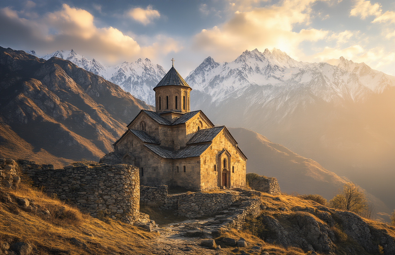 realistic image of an ancient stone fortress or medieval church carved into rugged mountain terrain in the country of Georgia, featuring the iconic Gergeti Trinity Church perched dramatically on a hilltop with the snow-capped Caucasus Mountains in the background, bathed in warm golden light that highlights the aged stone textures and timeless architecture, evoking a sense of deep history and cultural heritage, with a moody yet awe-inspiring atmosphere under a partly cloudy sky. Absolutely NO text should be in the scene.