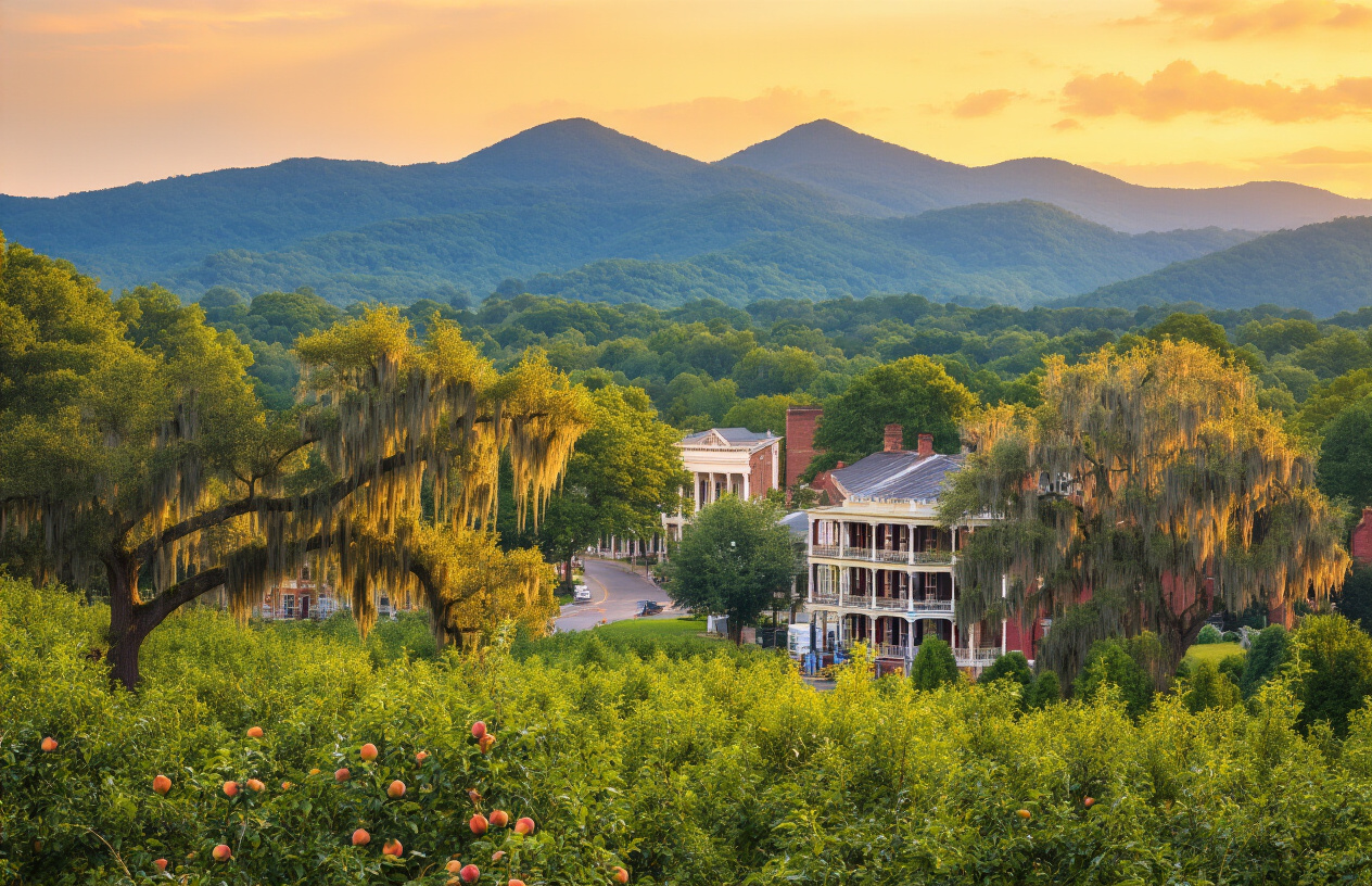 realistic image of a sweeping landscape collage of Georgia U.S. state showcasing its unexpected depth and diversity, featuring a lush green Blue Ridge Mountain range in the background, a charming historic Savannah street with Spanish moss-draped oak trees in the middle ground, and golden peach orchards in the foreground, bathed in warm golden hour sunlight that highlights the rich textures and layers of the scene, evoking a sense of discovery and surprise at the state's varied beauty, with a vibrant yet serene mood that suggests there is more to explore than meets the eye. Absolutely NO text should be in the scene.