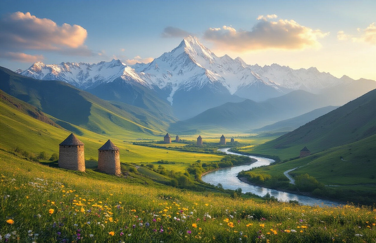 realistic image of a breathtaking panoramic landscape of Georgia the country, featuring the dramatic snow-capped Caucasus Mountains in the background, with a lush green valley below dotted with ancient stone towers, a winding river reflecting golden sunlight cutting through the terrain, and wildflowers in the foreground, captured during golden hour with warm, glowing light casting long shadows across the rugged terrain, evoking a sense of awe and discovery. Absolutely NO text should be in the scene.