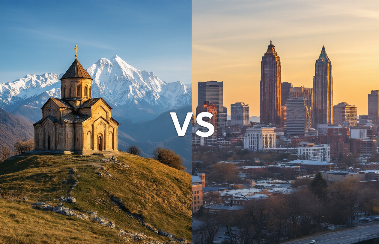 realistic image of a split-scene composition showing two contrasting visuals side by side — on the left, the iconic landscape of the country of Georgia in the Caucasus region featuring the ancient Gergeti Trinity Church on a hilltop with snow-capped mountains in the background, and on the right, the modern Atlanta, Georgia USA skyline with its recognizable urban architecture, both scenes bathed in warm golden hour lighting with a subtle mythbusting or "versus" visual separation in the middle, creating a thought-provoking and educational mood that highlights the distinct differences between the two Georgias. Absolutely NO text should be in the scene.