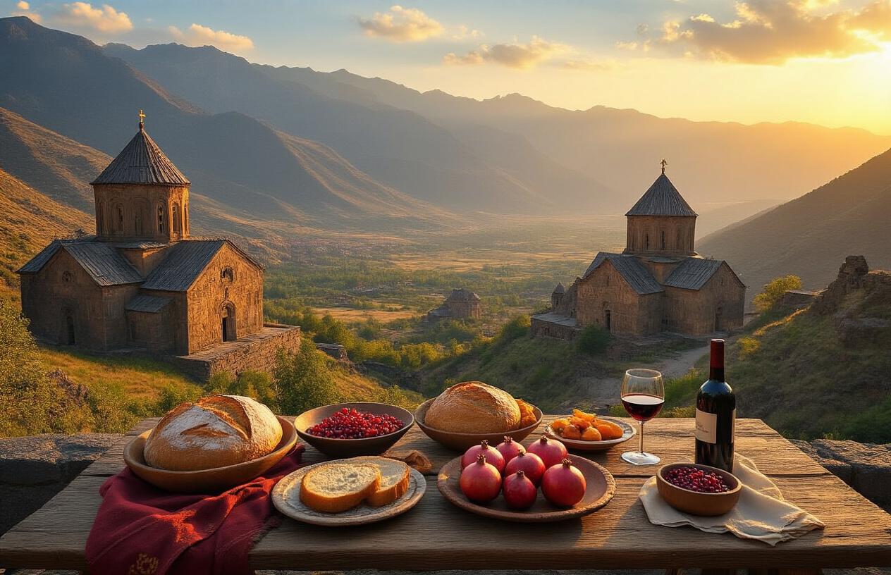 realistic image of a breathtaking panoramic view of Armenia featuring ancient stone monasteries nestled among dramatic mountain landscapes, with golden hour sunlight casting warm hues across the rugged terrain, a rustic wooden table in the foreground adorned with traditional Armenian dishes including fresh bread, pomegranates, and local wine, evoking a sense of discovery, warmth, and deep cultural richness, the scene bathed in soft glowing sunset light that blends the historical and natural beauty of the country into one compelling and inviting composition. Absolutely NO text should be in the scene.