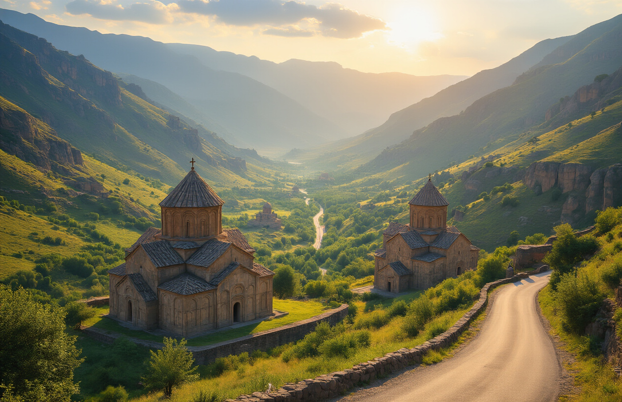 realistic image of a breathtaking panoramic view of Armenia's landscape featuring ancient stone monasteries nestled among dramatic mountain valleys, with golden sunlight casting a warm glow over the rugged terrain, lush greenery surrounding centuries-old carved stone churches, a winding road leading toward the hidden architectural marvel, conveying a sense of discovery and awe, the scene bathed in soft afternoon light that highlights the timeless beauty of the untouched landscape, evoking feelings of wonder at a destination rarely seen by travelers. Absolutely NO text should be in the scene.
