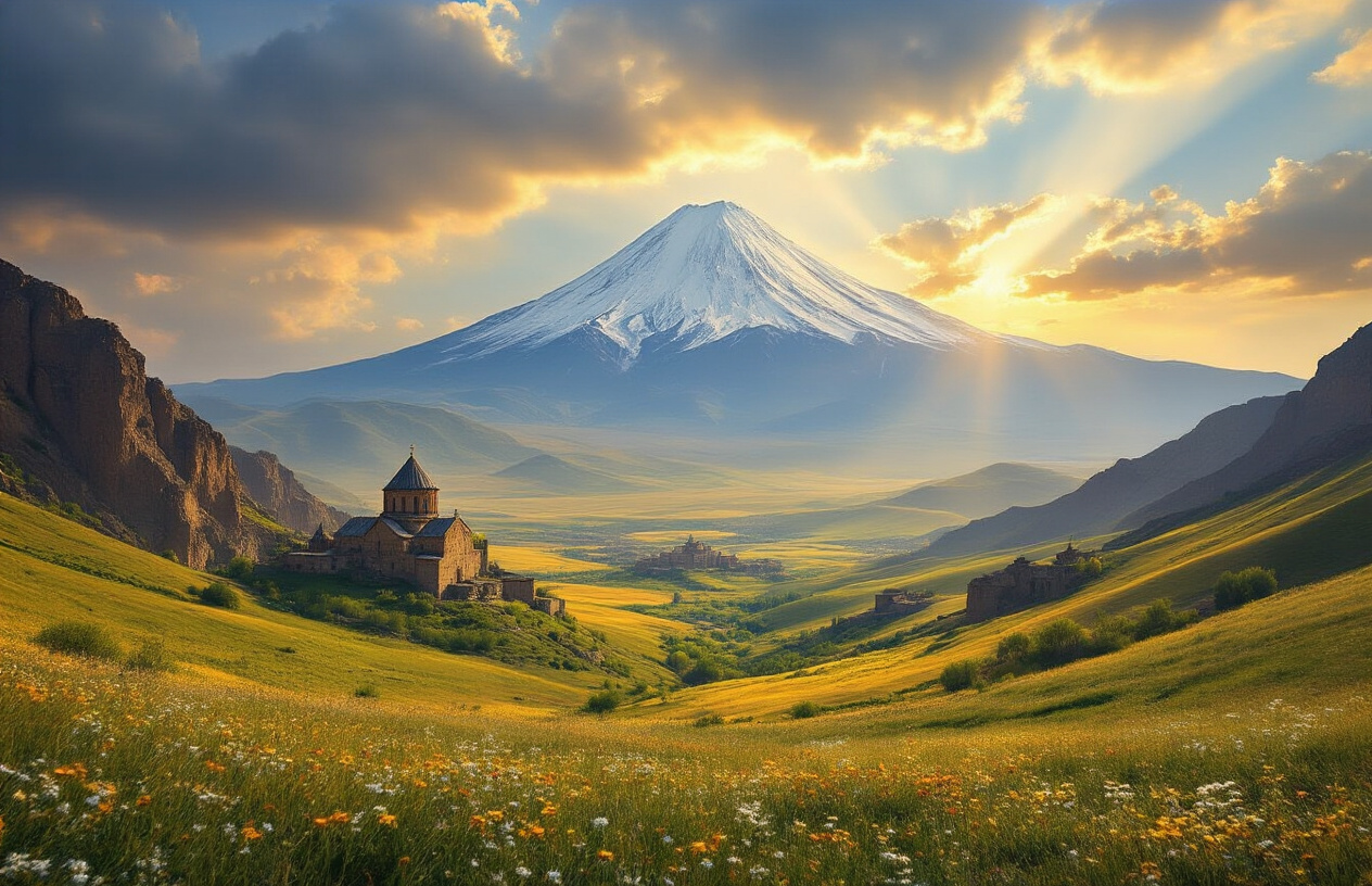 realistic image of a sweeping panoramic view of Armenia's dramatic landscape featuring the iconic Mount Ararat in the background with snow-capped peaks rising above a vast golden valley, ancient stone monasteries nestled into rugged cliffs in the middle ground, lush green rolling hills dotted with wildflowers in the foreground, dramatic rays of golden sunlight breaking through moody clouds casting a warm ethereal glow across the entire scene, conveying a sense of awe-inspiring natural grandeur and timeless beauty. Absolutely NO text should be in the scene.