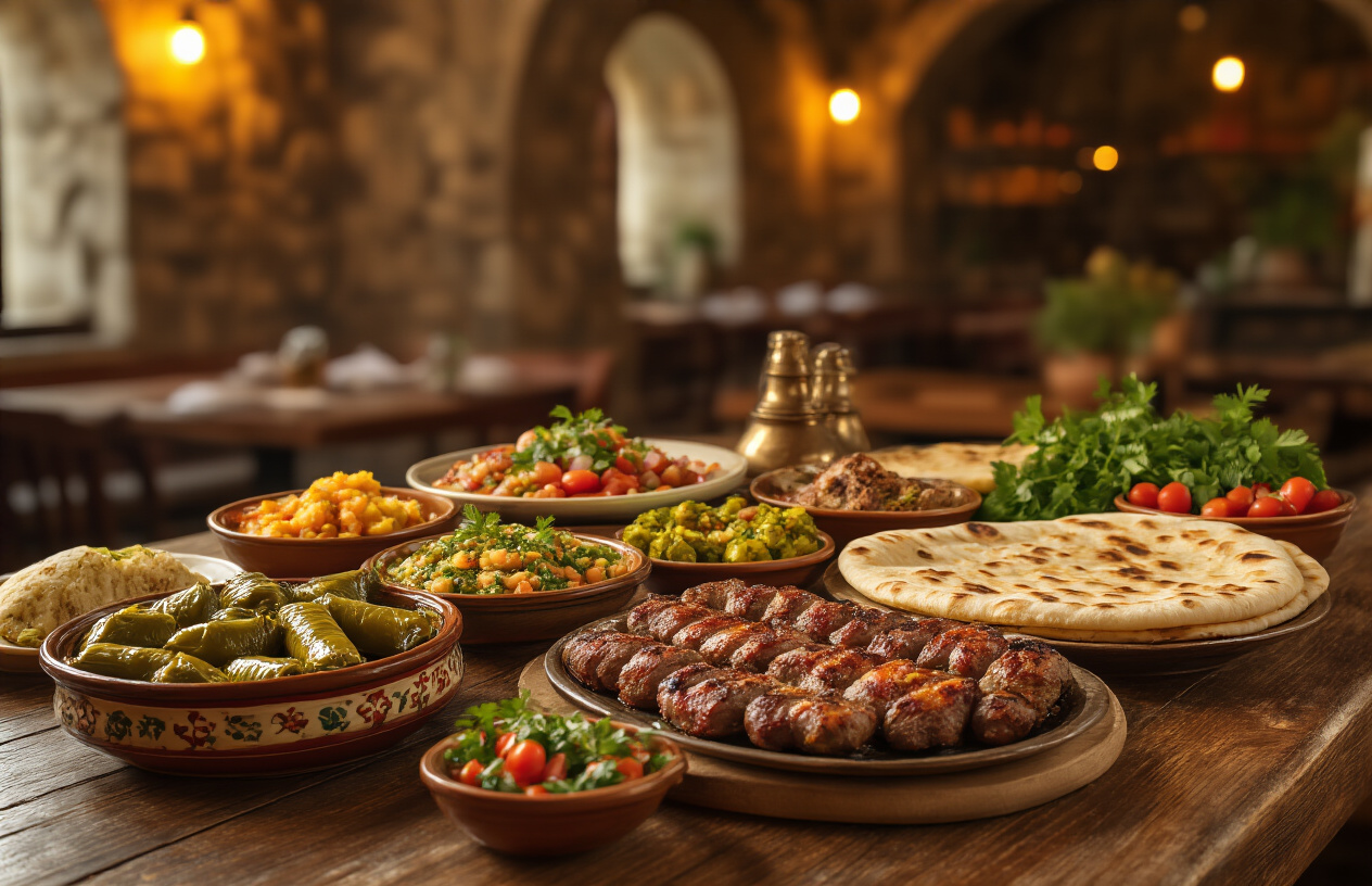 realistic image of a beautifully arranged spread of traditional Armenian food on a rustic wooden table, featuring dishes like dolma, khorovats (grilled meat skewers), lavash flatbread, fresh herbs, and small bowls of accompaniments, with warm golden lighting illuminating the vibrant colors of the food, set against a softly blurred background of a cozy Armenian restaurant interior with stone walls, creating an inviting and appetizing atmosphere. Absolutely NO text should be in the scene.