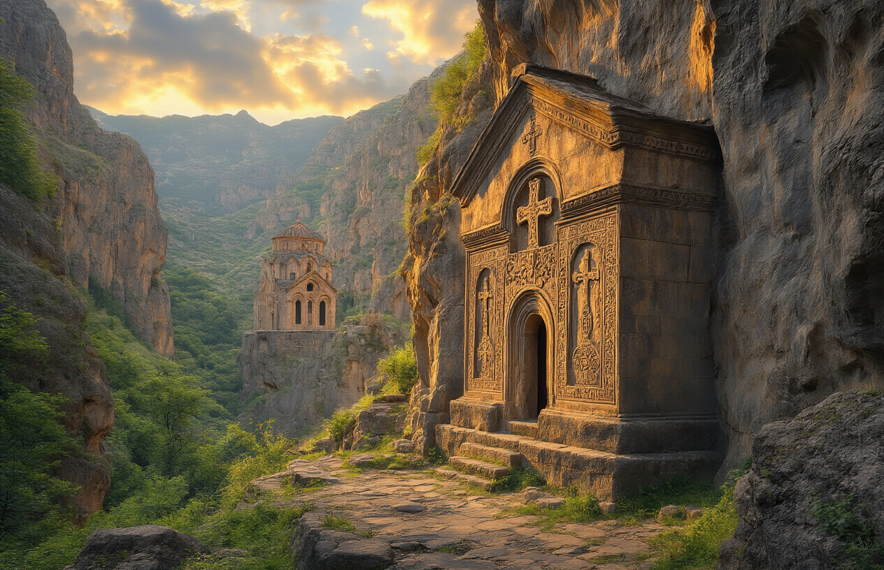 realistic image of an ancient Armenian monastery carved into a dramatic rocky gorge, with weathered stone walls covered in intricate medieval khachkar cross-stone carvings, bathed in warm golden hour sunlight that highlights the texture and age of the millennia-old architecture, surrounded by rugged mountain landscape with lush greenery, creating a deeply atmospheric and awe-inspiring mood that evokes a profound sense of history and timelessness. Absolutely NO text should be in the scene.