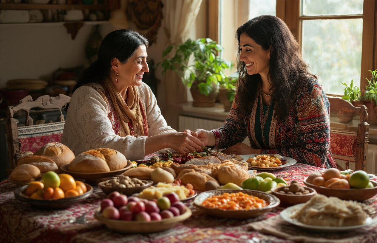 realistic image of a warm and inviting Armenian home interior where a middle-aged Armenian female host with dark hair is generously offering a table abundantly filled with traditional Armenian food including fresh bread, fruits, nuts, and homemade dishes to a grateful white female traveler, both sharing a joyful and heartfelt moment of connection, the table beautifully lit by soft natural light streaming through a nearby window, creating a cozy and welcoming atmosphere that radiates genuine warmth and cultural generosity. Absolutely NO text should be in the scene.