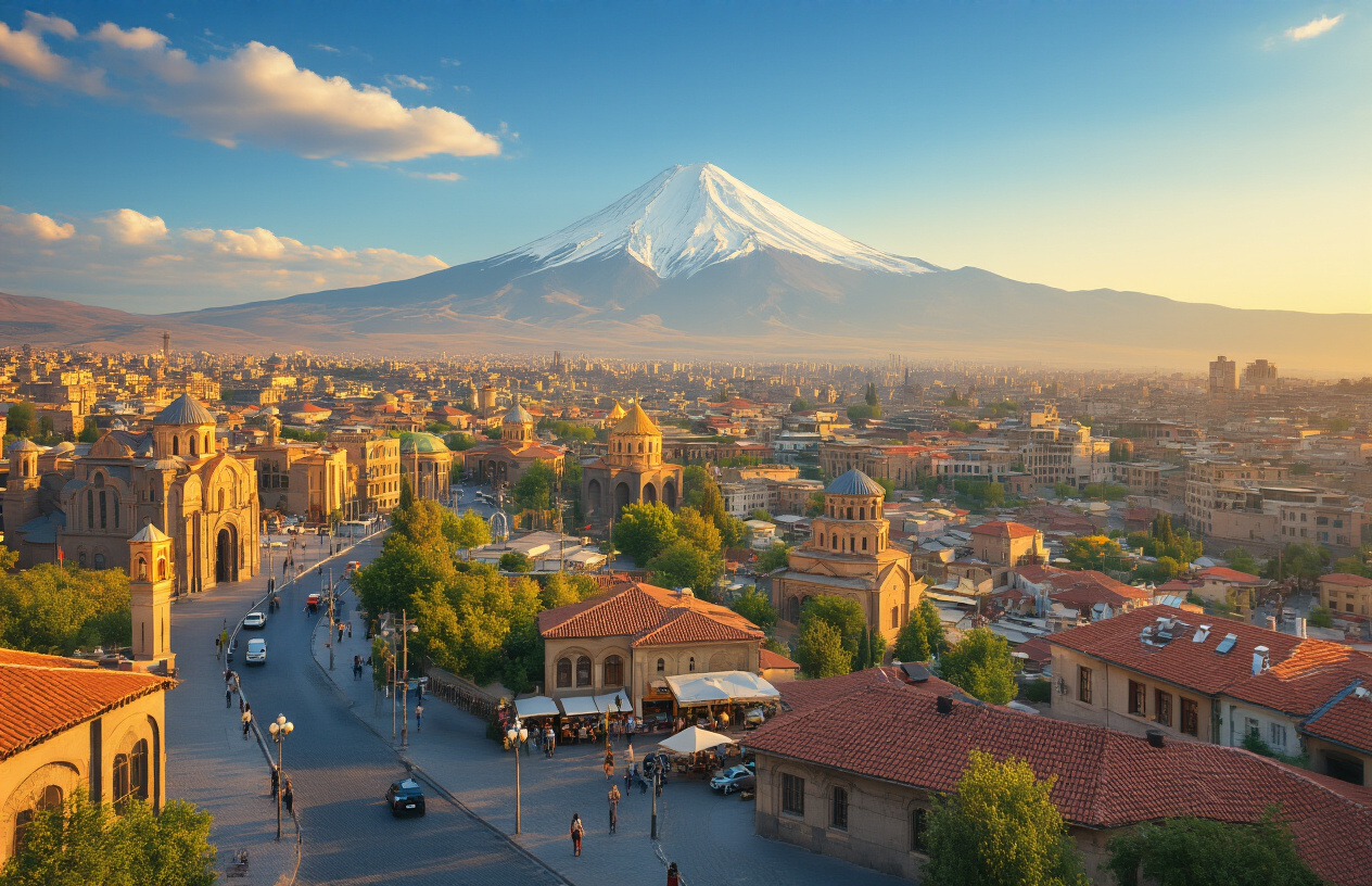 realistic image of a stunning aerial view of Yerevan, Armenia, showcasing the iconic Mount Ararat in the background, with the city's vibrant streets, ancient churches, and modern cafes visible below, bathed in warm golden sunlight, conveying a sense of accessibility and inviting travel destination, with a clear blue sky and a welcoming, optimistic mood that suggests an unmissable travel opportunity. Absolutely NO text should be in the scene.