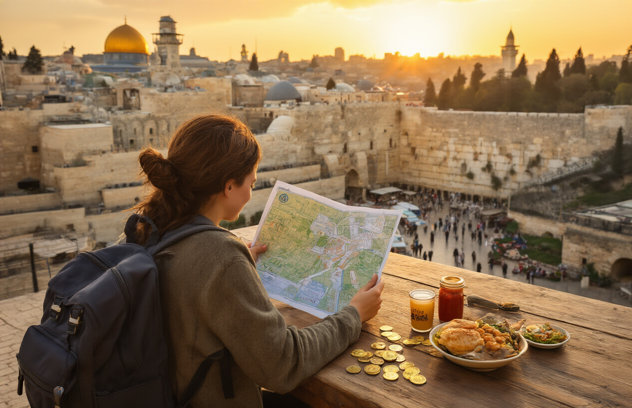 realistic image of a satisfied traveler reviewing a map and budget notes beside iconic Israeli landmarks like the Western Wall and colorful Jerusalem Old City streets in the background, with a small backpack, local street food, and Israeli shekels coins on a rustic wooden table in the foreground, warm golden sunset lighting casting a hopeful and accomplished mood over the scene, Absolutely NO text should be in the scene.